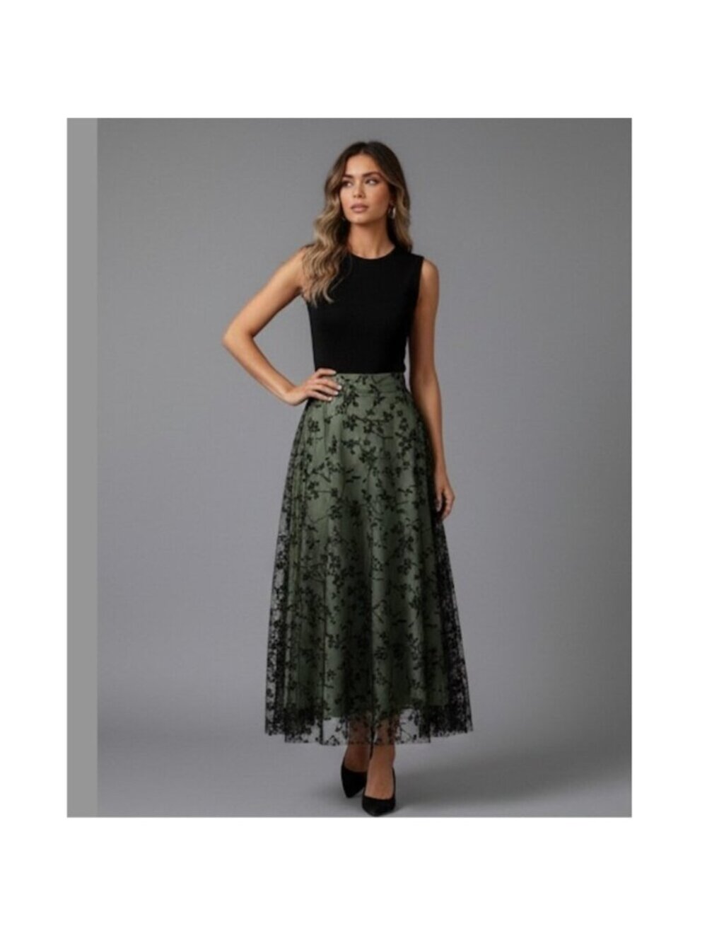 Floral Flocking Tulle Long A-Line Skirt Green